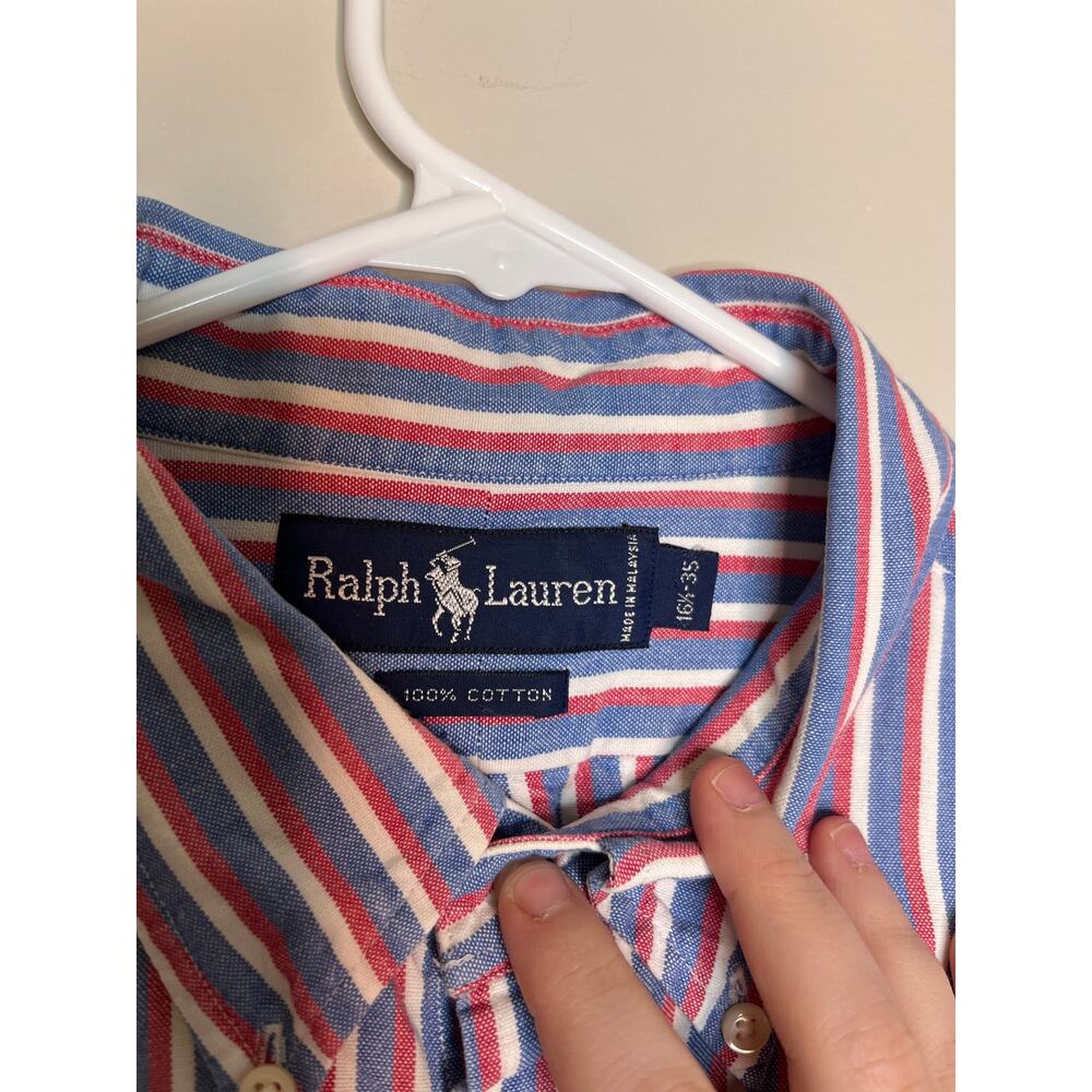 1990s Ralph Lauren Red Blue Patriotic Stripe Old Money Country Club Shirt XL - Picture 2 of 4